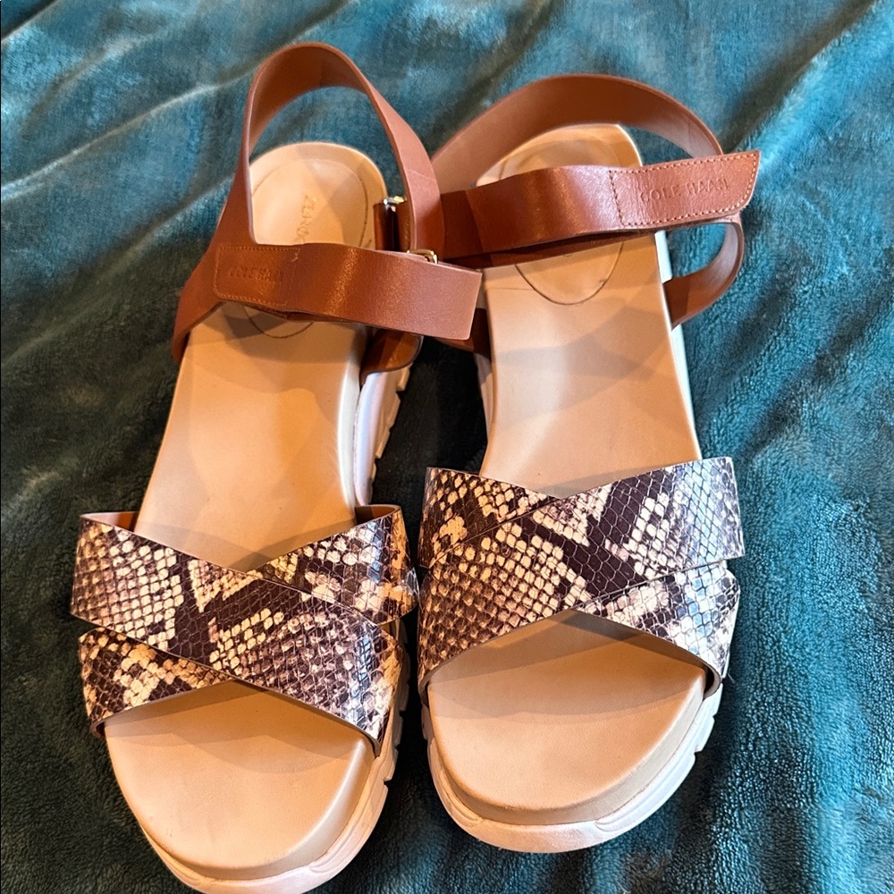 Cole Haan Zero Grand Snake Print & Tan Strappy Platform Sandals